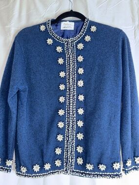Vintage Peters Pure Cashmere Women's Navy HAND Beaded Cardigan